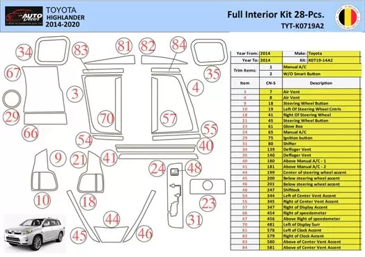 Toyota Highlander 2013-2016 Kit la décoration du tableau de bord 28 Pièce - 1 - habillage decor de tableau de bord