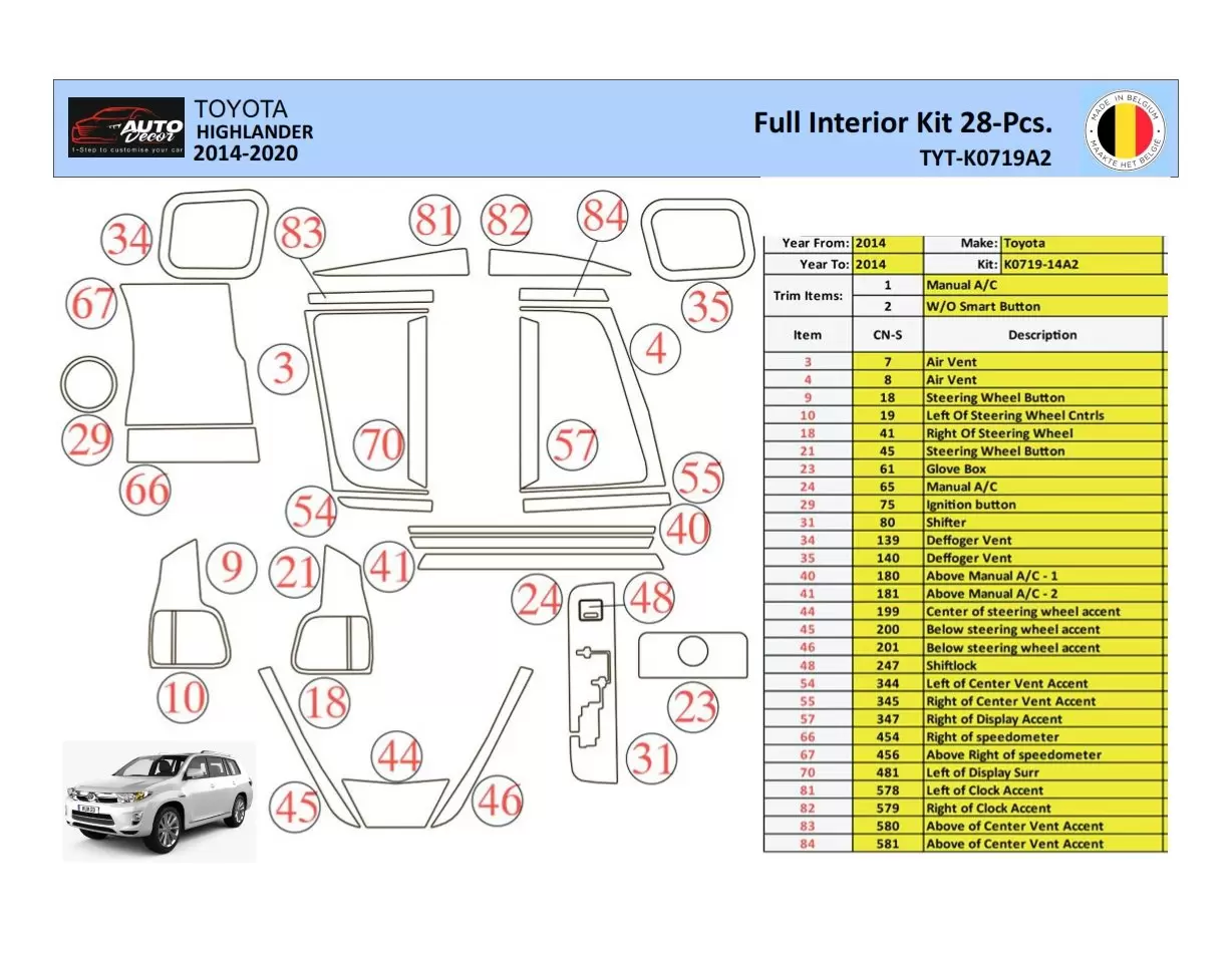 Toyota Highlander 2013-2016 Decor de carlinga su interior del coche 28 Partes