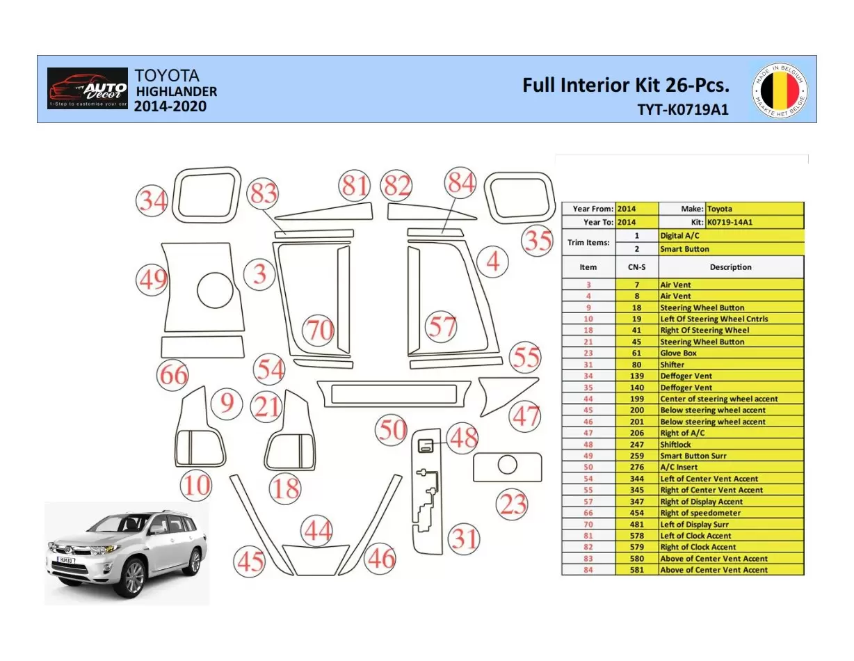 Toyota Highlander 2013-2016 Decor de carlinga su interior del coche 26 Partes
