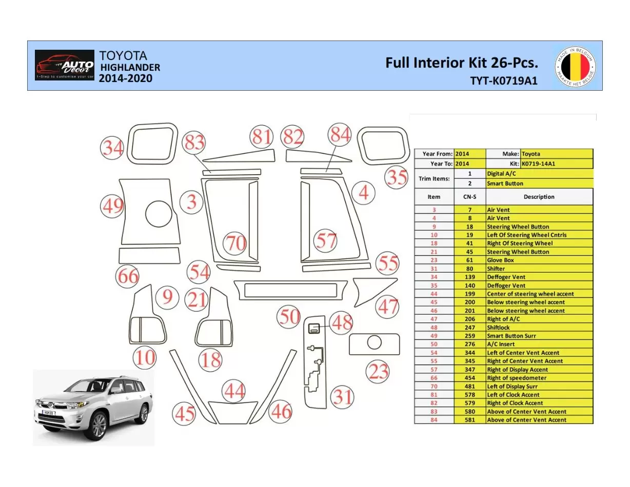 Toyota Highlander 2013-2016 Inleg dashboard Interieurset aansluitend en pasgemaakt 26 Delen