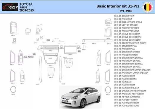 Toyota Prius 2009-2015 Decor de carlinga su interior del coche 31 Partes