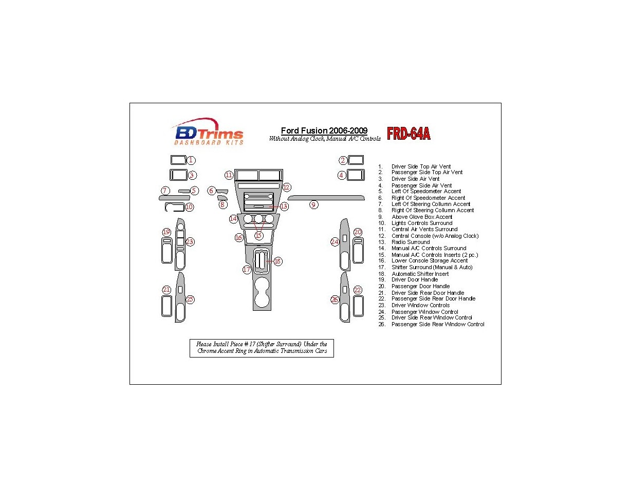 Ford Fusion 2006-2009 With Automatic Clock, Manual Gearbox A/C Controls BD Interieur Dashboard Bekleding Volhouder