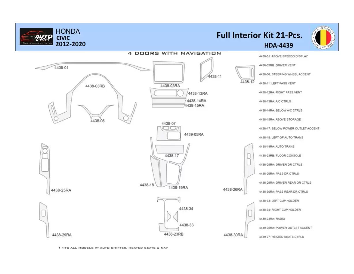 Honda Civic X 2012-2015 Inleg dashboard Interieurset aansluitend en pasgemaakt 21 Delen