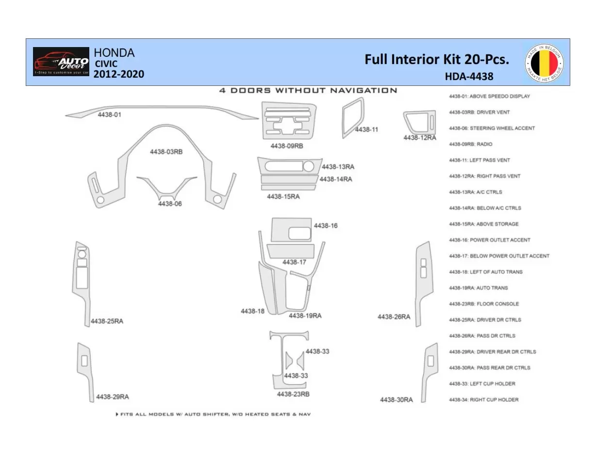 Honda Civic X 2012-2015 Inleg dashboard Interieurset aansluitend en pasgemaakt 20 Delen
