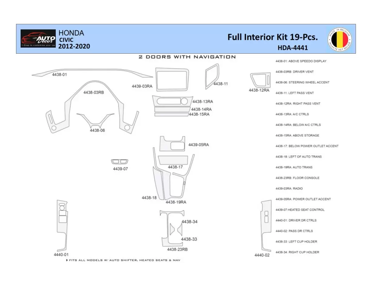 Honda Civic X 2012-2015 Interior WHZ Kit de molduras de tablero 20 piezas