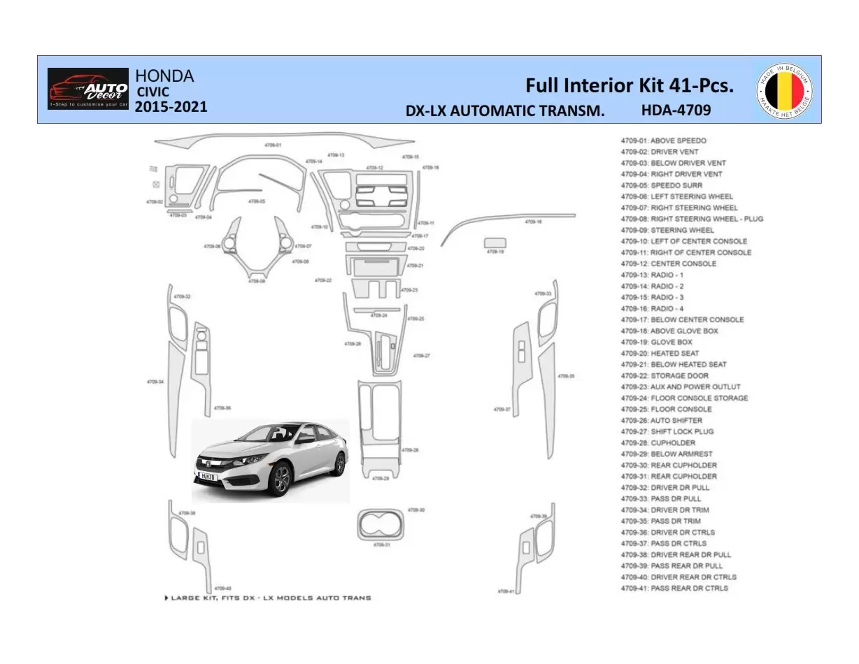 Honda Civic XI 2015-2021 Kit la décoration du tableau de bord 41 Pièce - 1 - habillage decor de tableau de bord