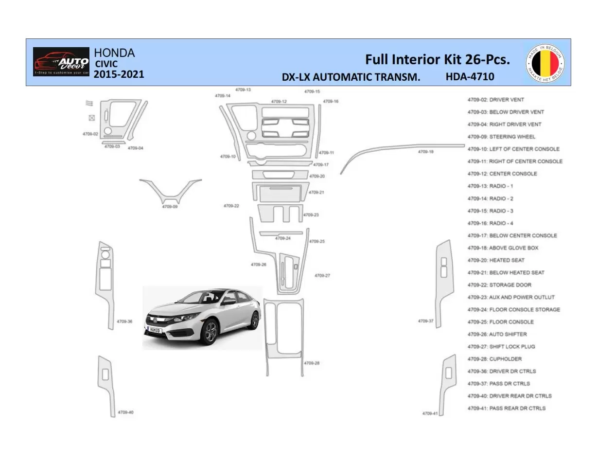 Honda Civic XI 2015-2021 Decor de carlinga su interior del coche 26 Partes