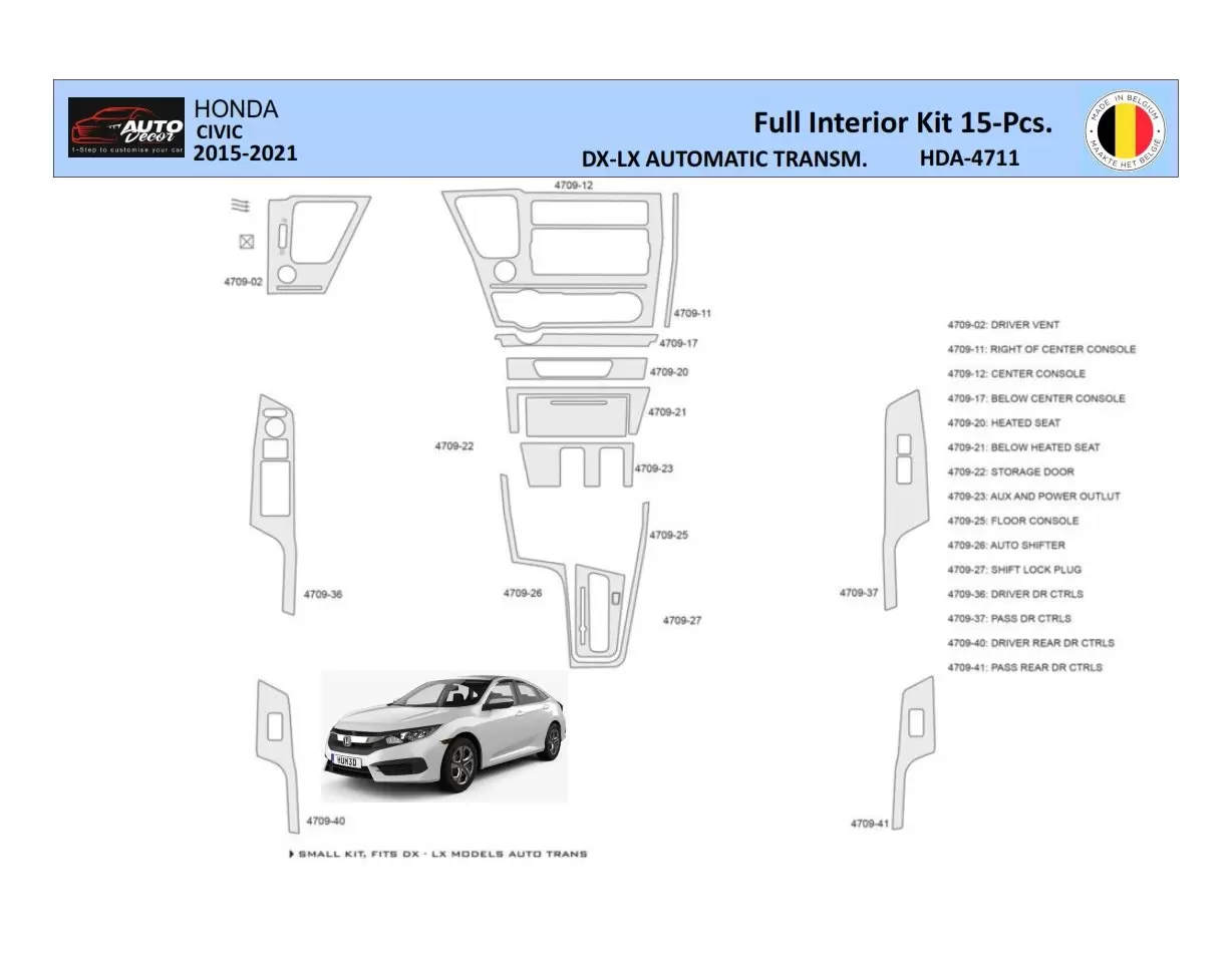 Honda Civic XI 2015-2021 Decor de carlinga su interior del coche 15 Partes