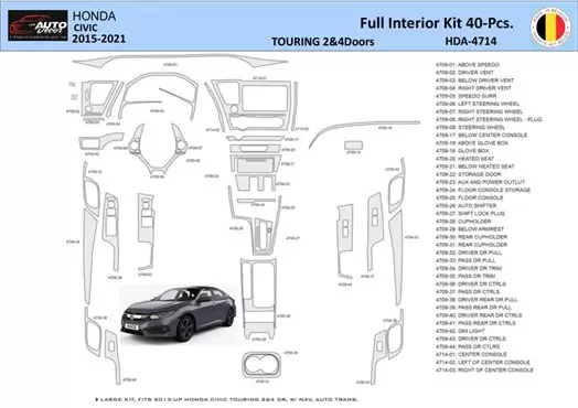 Honda Civic XI 2015-2021 Inleg dashboard Interieurset aansluitend en pasgemaakt 40 Delen