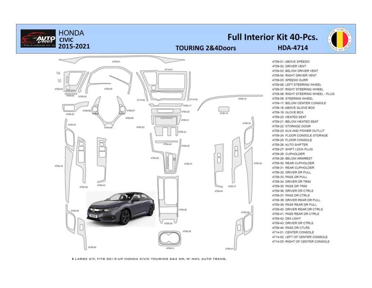 Honda Civic XI 2015-2021 Kit la décoration du tableau de bord 40 Pièce - 1 - habillage decor de tableau de bord