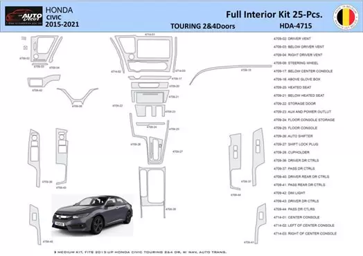 Honda Civic XI 2015-2021 Kit la décoration du tableau de bord 25 Pièce - 1 - habillage decor de tableau de bord