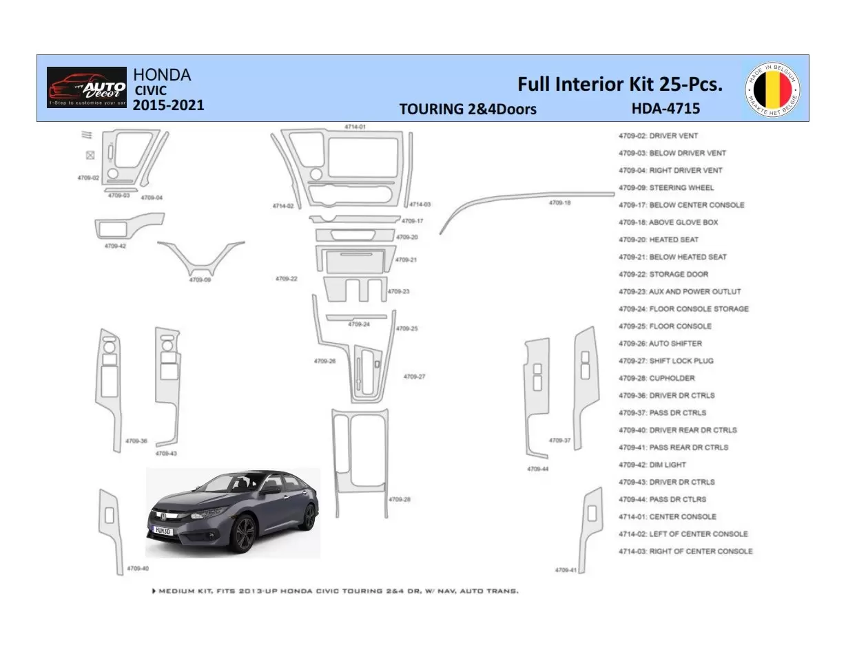 Honda Civic XI 2015-2021 Mascherine sagomate per rivestimento cruscotti 25 Decori