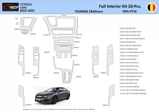 Honda Civic XI 2015-2021 Kit la décoration du tableau de bord 20 Pièce - 1 - habillage decor de tableau de bord