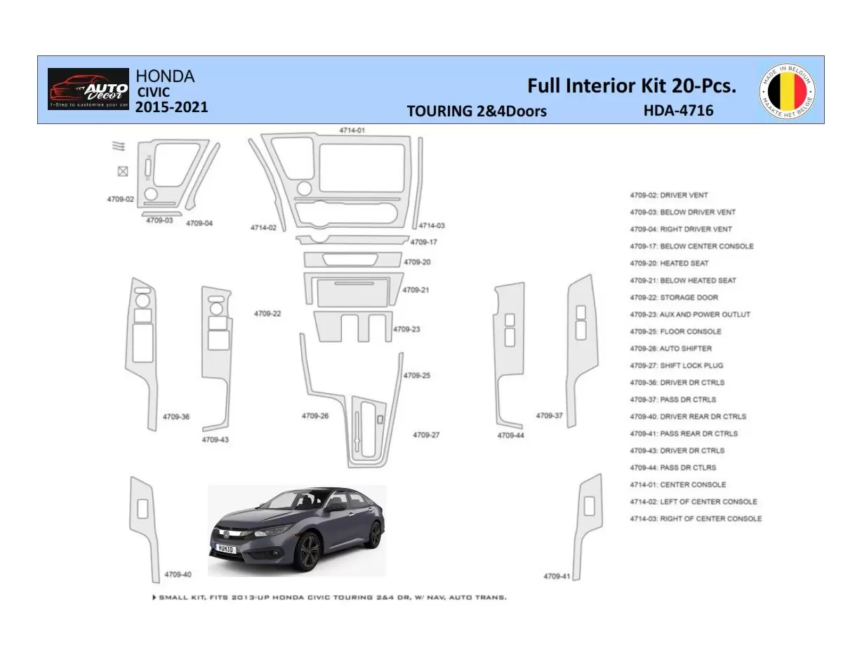Honda Civic XI 2015-2021 Inleg dashboard Interieurset aansluitend en pasgemaakt 20 Delen