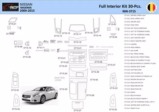 Nissan Maxima 2009-2015 Decor de carlinga su interior del coche 30 Partes