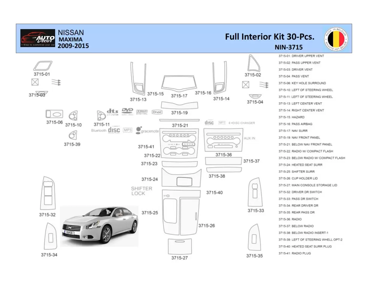 Nissan Maxima 2009-2015 Interior WHZ Dashboard trim kit 30 Parts