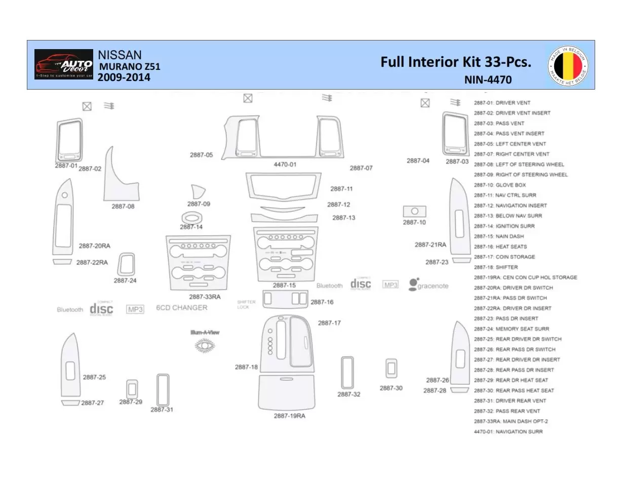 Nissan Murano 2011 Kit la décoration du tableau de bord 33 Pièce - 1 - habillage decor de tableau de bord Nissan Murano 2011 Kit la décoration du tableau de bord 33 Pièce - 1 - habillage decor de tableau de bord