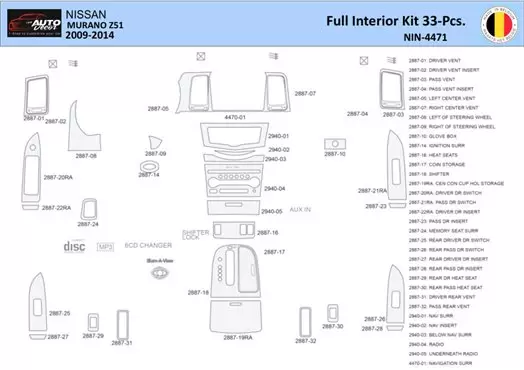 Nissan Murano 2011 Interior WHZ Kit de molduras de tablero 33 piezas