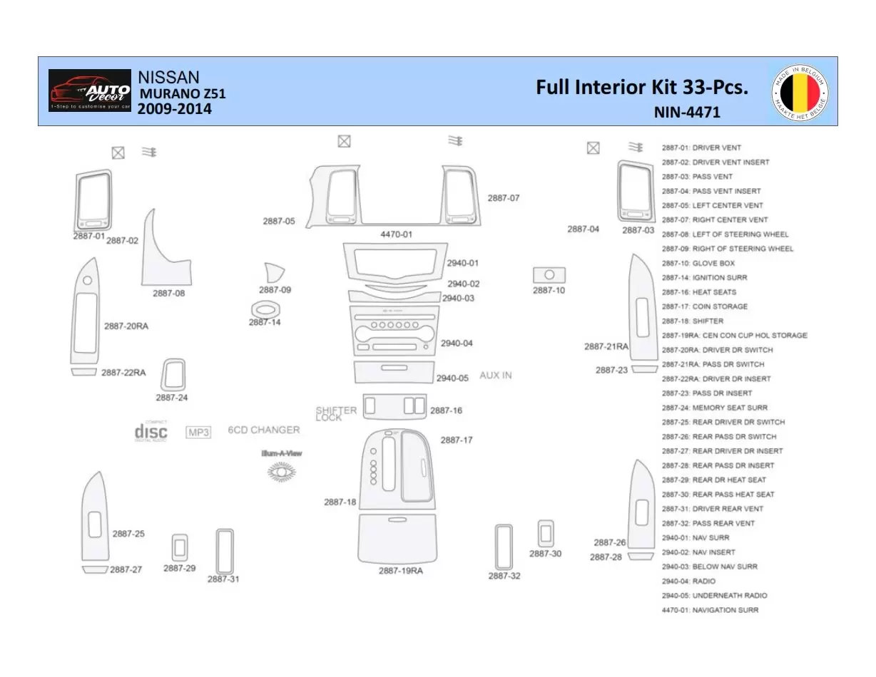 Nissan Murano 2011 Interieur WHZ Dashboardafwerkingsset 33 onderdelen