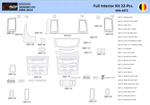 Nissan Murano 2011 Interior WHZ Kit de molduras de tablero 22 piezas