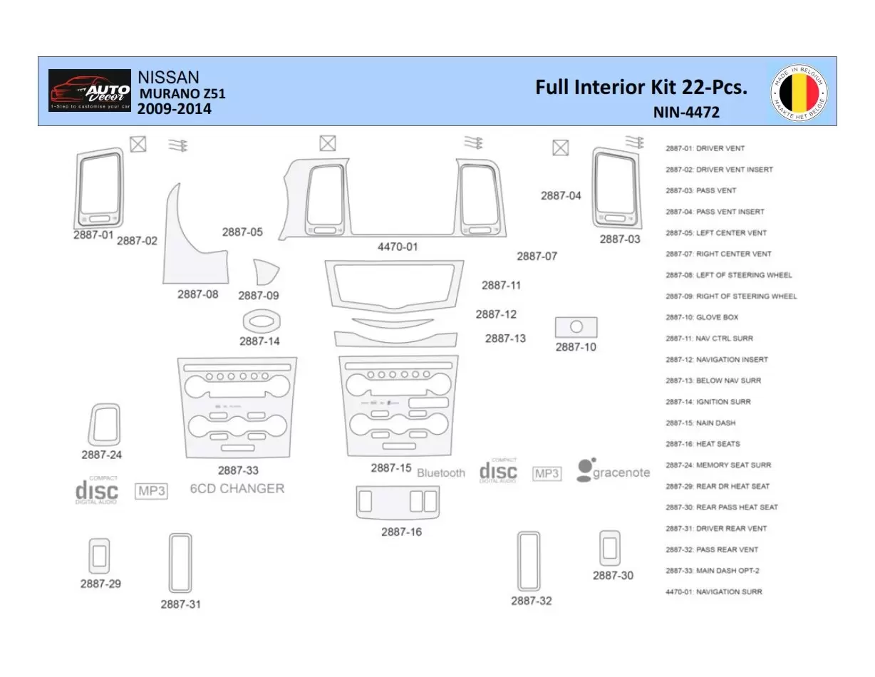 Nissan Murano 2011 Interior WHZ Kit de molduras de tablero 22 piezas