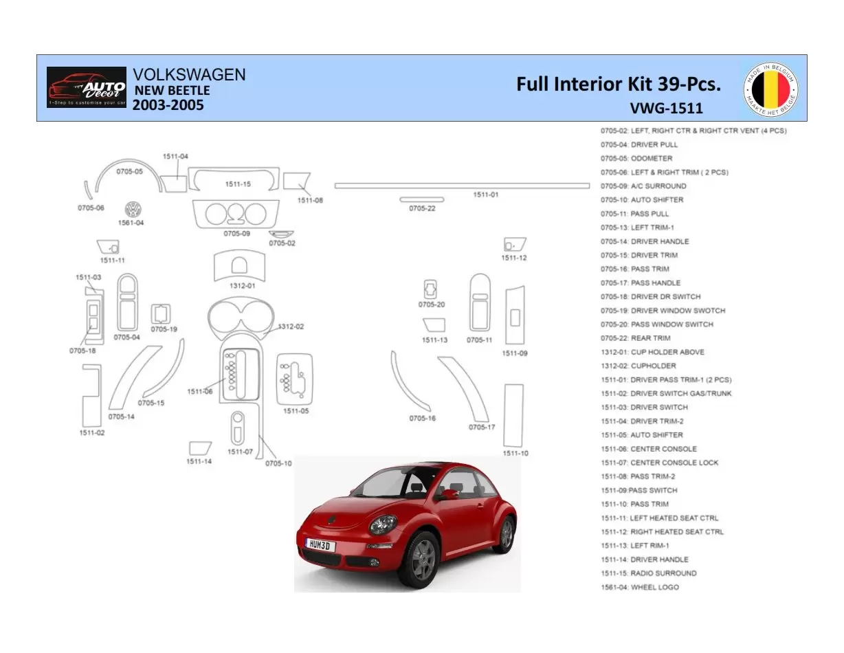 VolksWagen Beetle 2002-2005 Decor de carlinga su interior del coche 41 Partes
