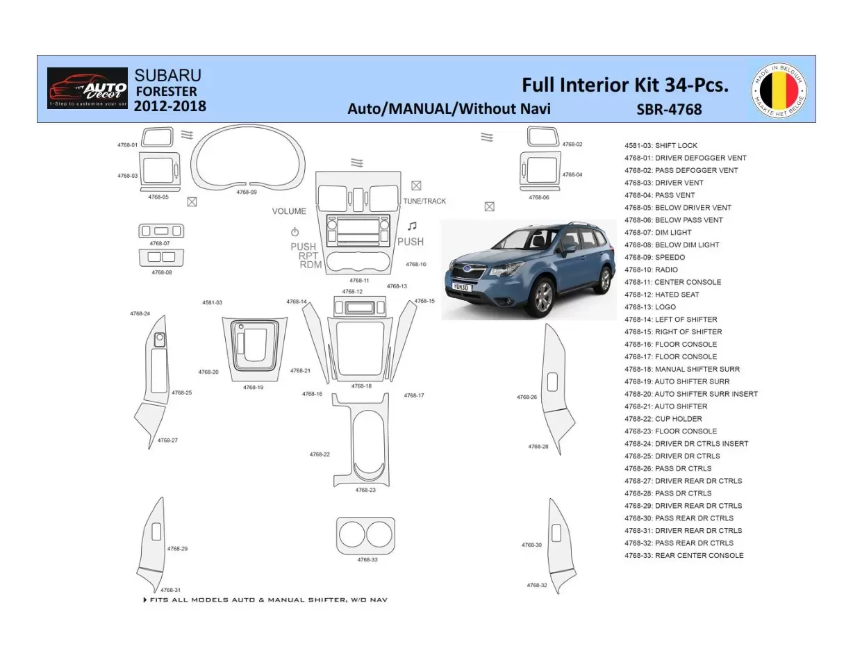 Subaru Forester 2012-2018 Decor de carlinga su interior del coche 34 Partes