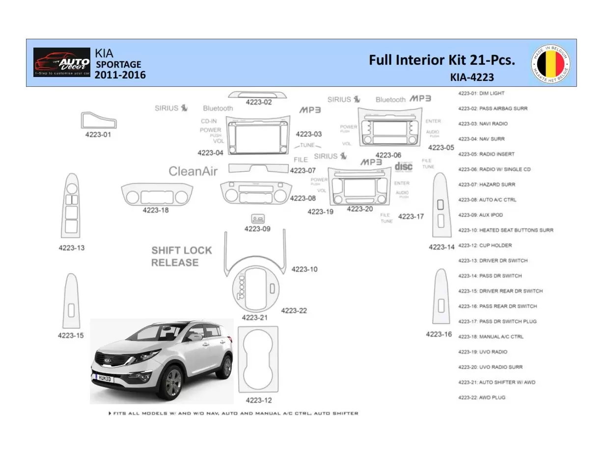 KIA Sportage 2011 Interior WHZ Dashboard trim kit 21 Parts