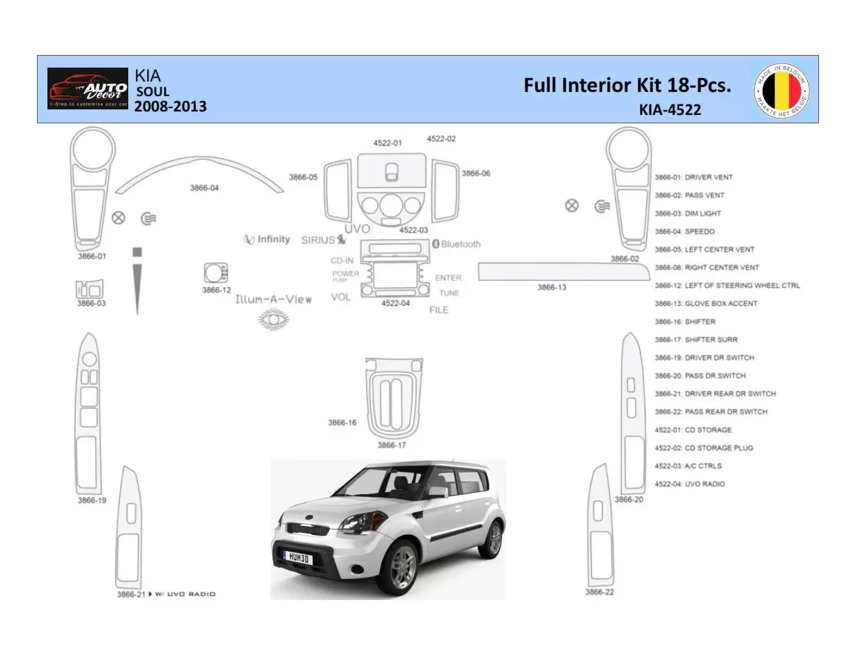 KIA Soul 2011 Kit la décoration du tableau de bord 22 Pièce - 1 - habillage decor de tableau de bord