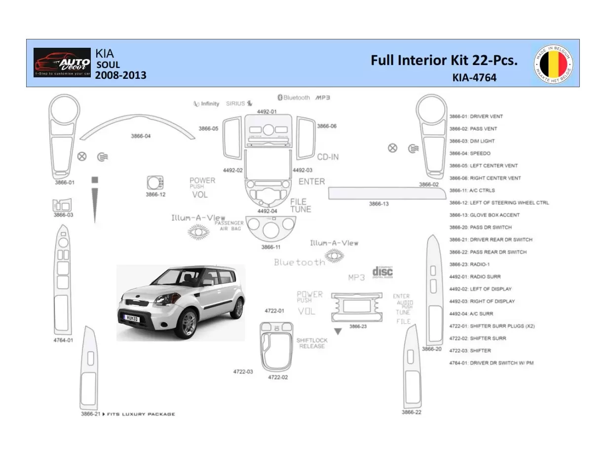 KIA Soul 2011 Interni WHZ Kit rivestimento cruscotto 20 pezzi