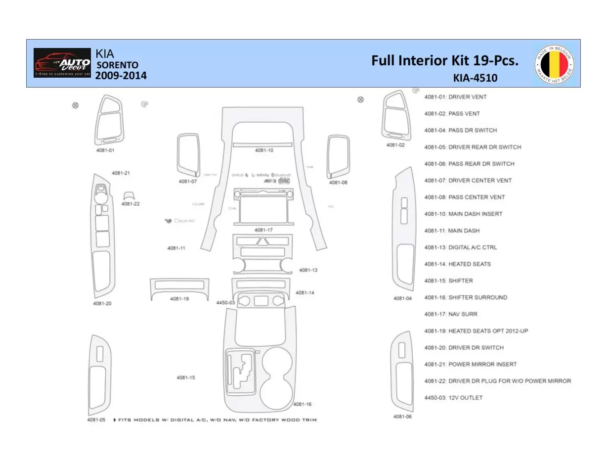 KIA Sorento 2011 Interior WHZ Dashboard trim kit 19 Parts