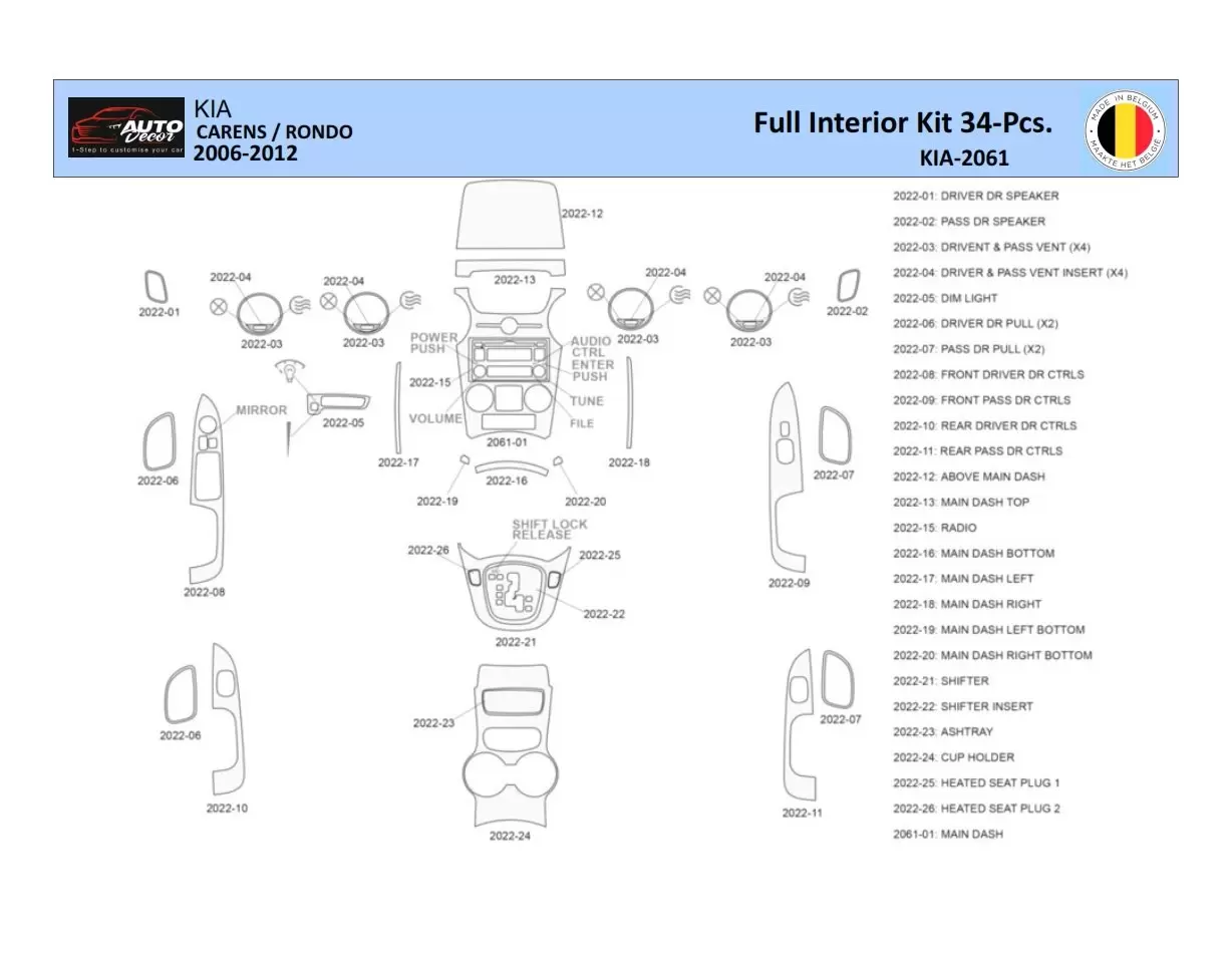 KIA Carens 2009 Interior WHZ Dashboard trim kit 34 Parts