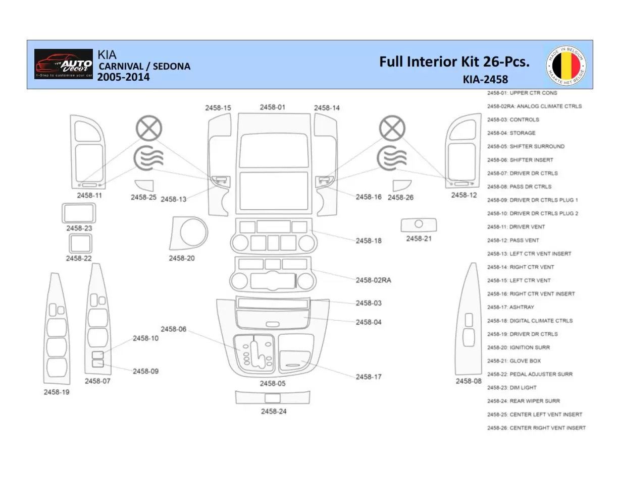 Kia Carnival 2005-2014 Interior WHZ Dashboard trim kit 26 Parts