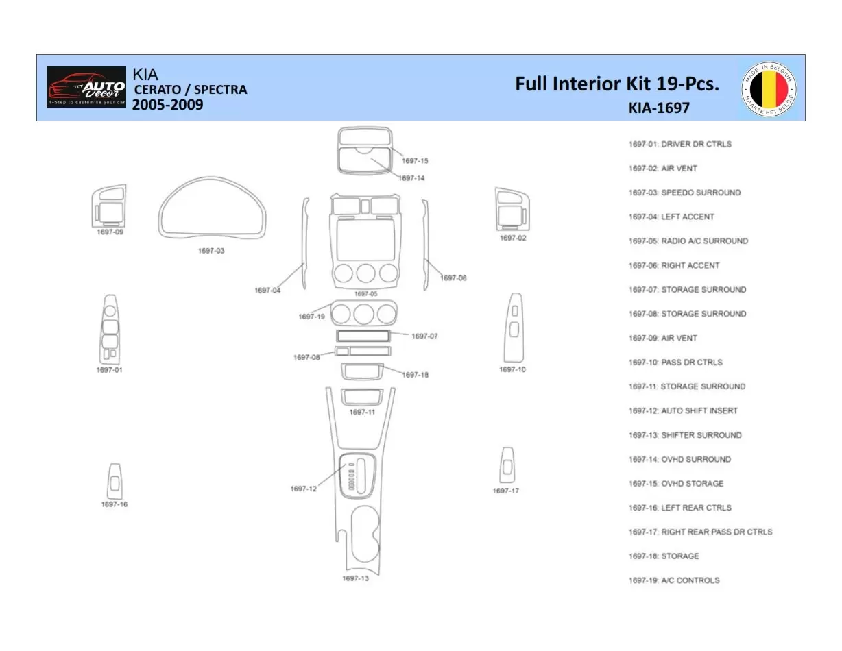 KIA Cerato-2005 Interior WHZ Dashboard trim kit 19 Parts