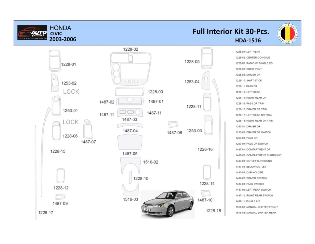 Honda Civic 2002-2005 Interior WHZ Dashboard trim kit 30 Parts