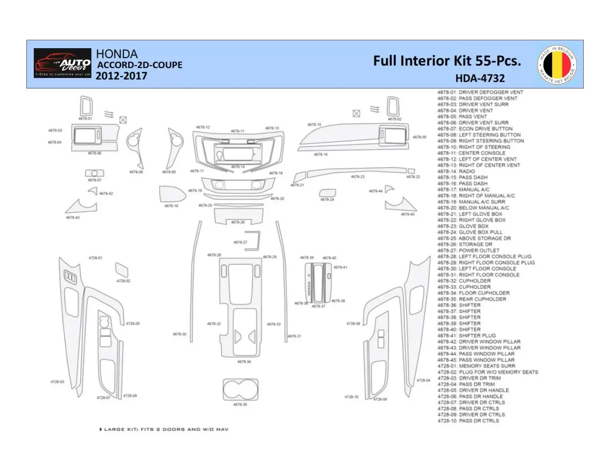 Honda Accord 2014-2022 Kit la décoration du tableau de bord 55 Pièce - 1 - habillage decor de tableau de bord