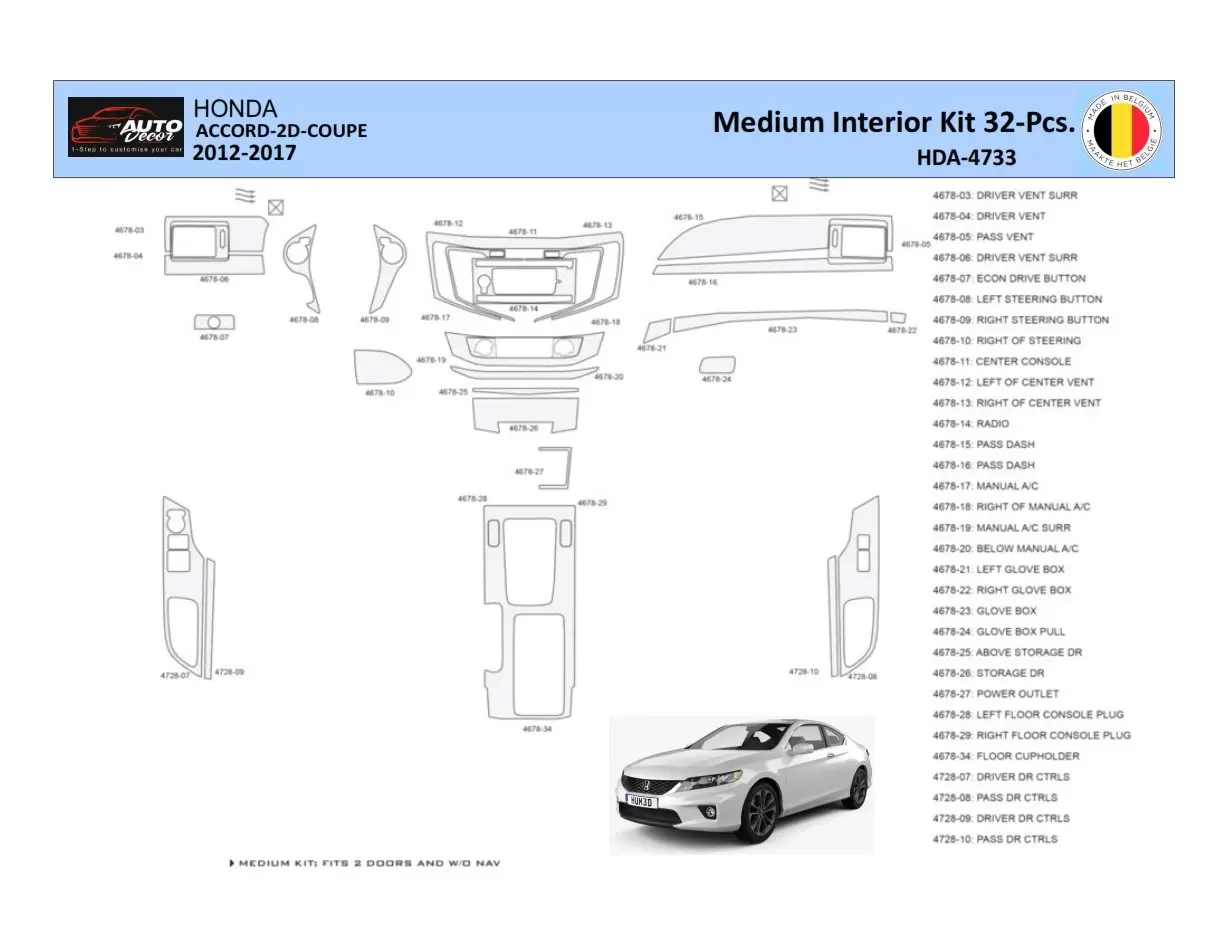 Honda Accord 2014-2022 Kit la décoration du tableau de bord 32 Pièce - 1 - habillage decor de tableau de bord