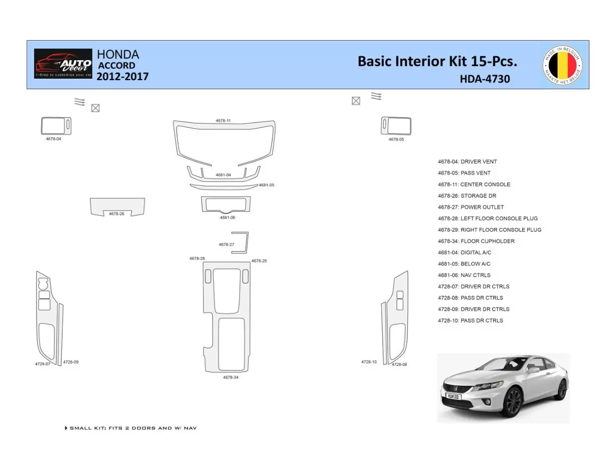 Honda Accord 2014-2022 Interior WHZ Dashboard trim kit 15 Parts