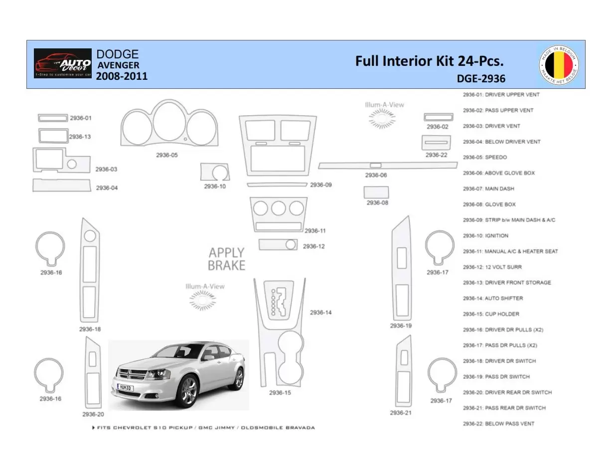 Dodge Avenger 2008-2010 Inleg dashboard Interieurset aansluitend en pasgemaakt 24 Delen