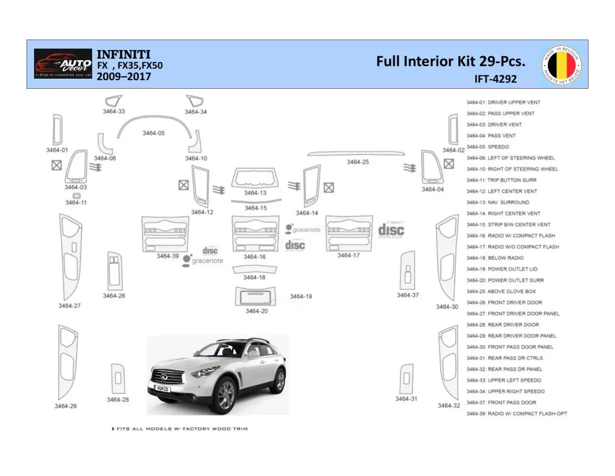 Infiniti FX S51 2009-2017 Interior WHZ Dashboard trim kit 29 Parts