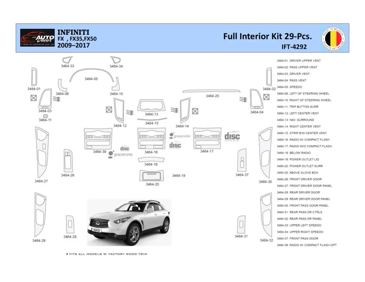 Infiniti FX S51 2009-2017 Mittelkonsole Armaturendekor WHZ Cockpit Dekor 29 Teilige - 1- Cockpit Dekor Innenraum