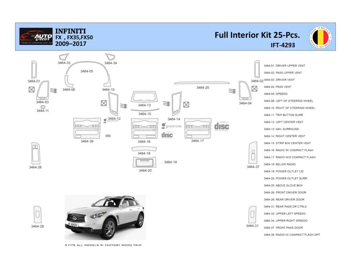 Infiniti FX S51 2009-2017 Interior WHZ Dashboard trim kit 25 Parts