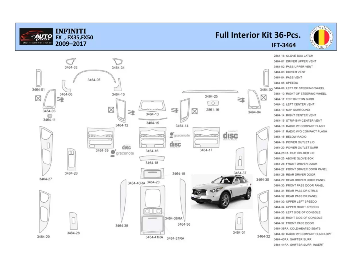 Infiniti FX S51 2009-2017 Interior WHZ Dashboard trim kit 36 Parts
