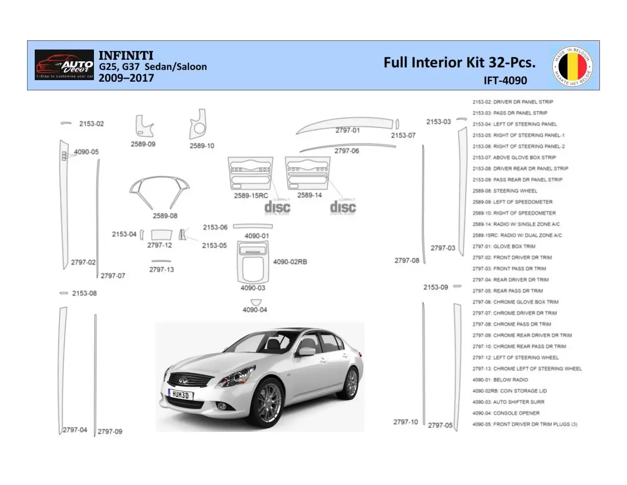 Infiniti G25 2009–2015 Convertible Inleg dashboard Interieurset aansluitend en pasgemaakt 32 Delen