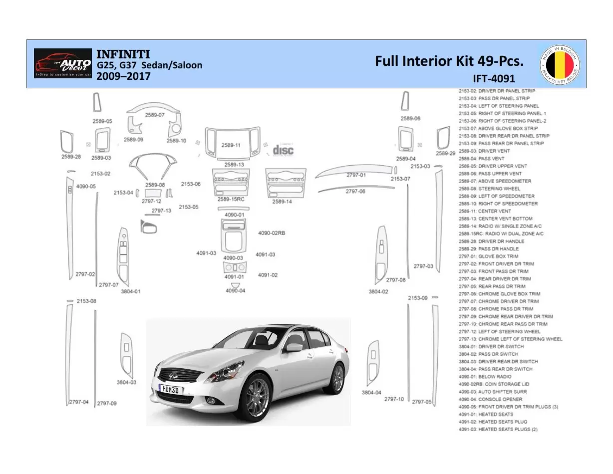 Infiniti G25 2009–2015 Convertible Decor de carlinga su interior del coche 49 Partes
