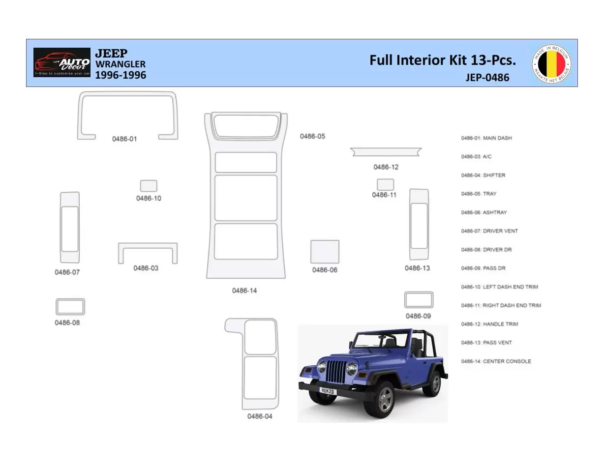 Jeep Wrangler 1996-1999 Inleg dashboard Interieurset aansluitend en pasgemaakt 13 Delen