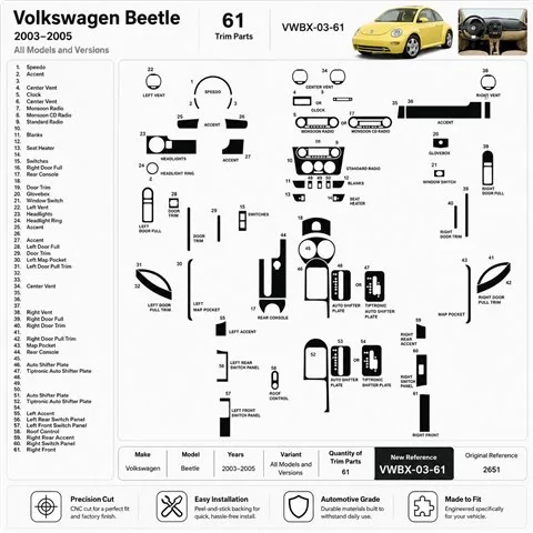 Volkswagen Beetle 2003-2005 3D dashboard sierlijstset, 61 delen