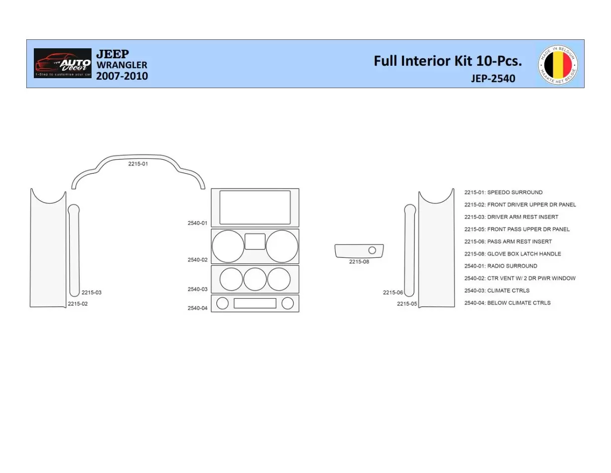 Jeep Wrangler 2007-2010 Inleg dashboard Interieurset aansluitend en pasgemaakt 10 Delen