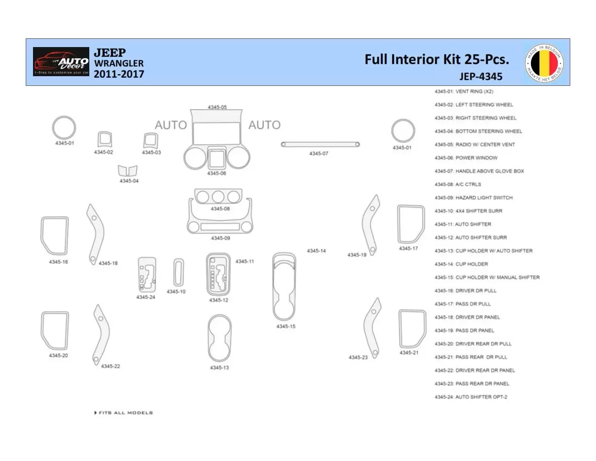 Jeep Wrangler 2011-2017 Inleg dashboard Interieurset aansluitend en pasgemaakt 25 Delen