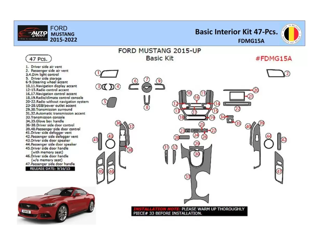 Ford Mustang 2015-2023 Kit la décoration du tableau de bord 47 Pièce - 1 - habillage decor de tableau de bord